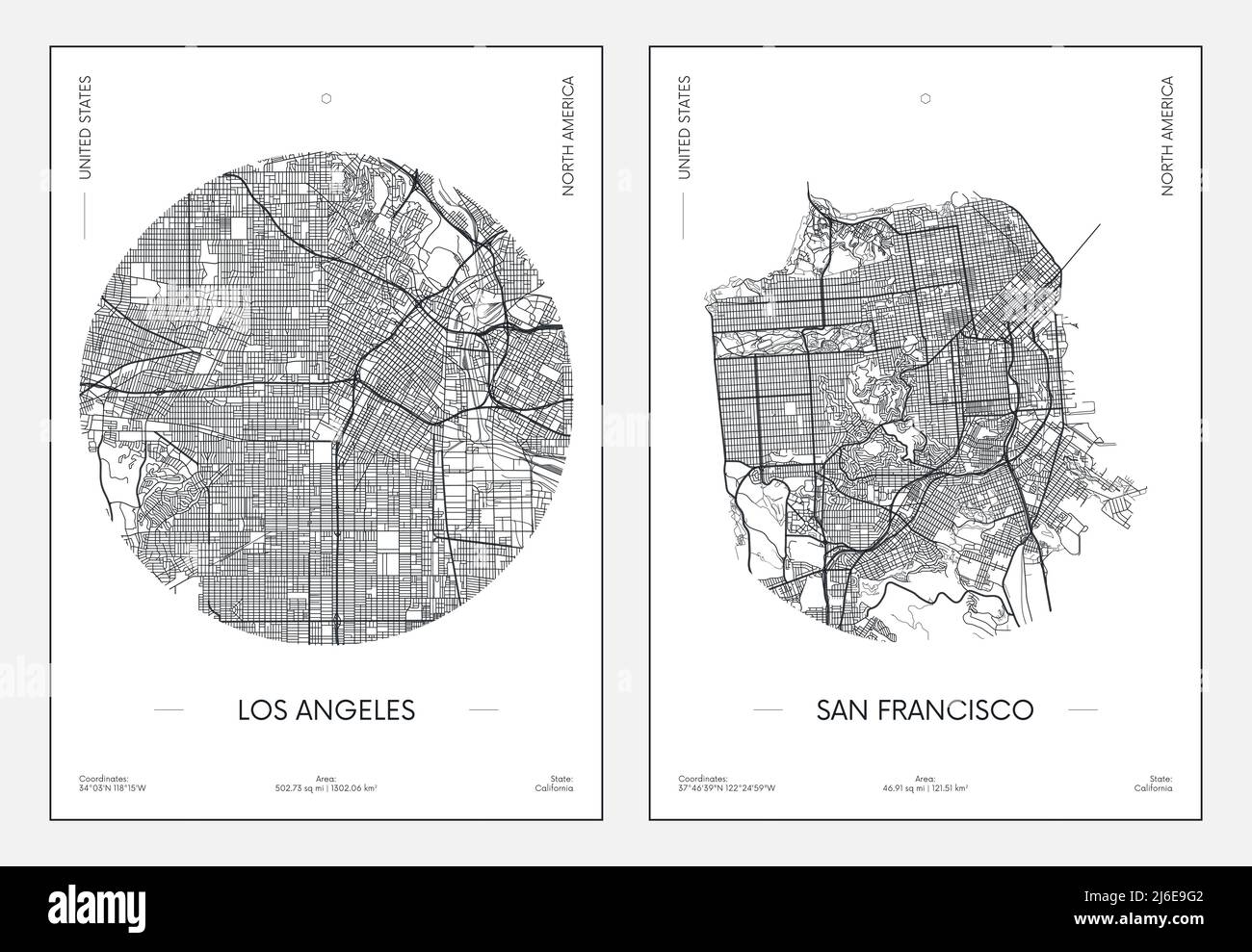 Travel poster, urban street plan city map Los Angeles and San Francisco, vector illustration Stock Vector