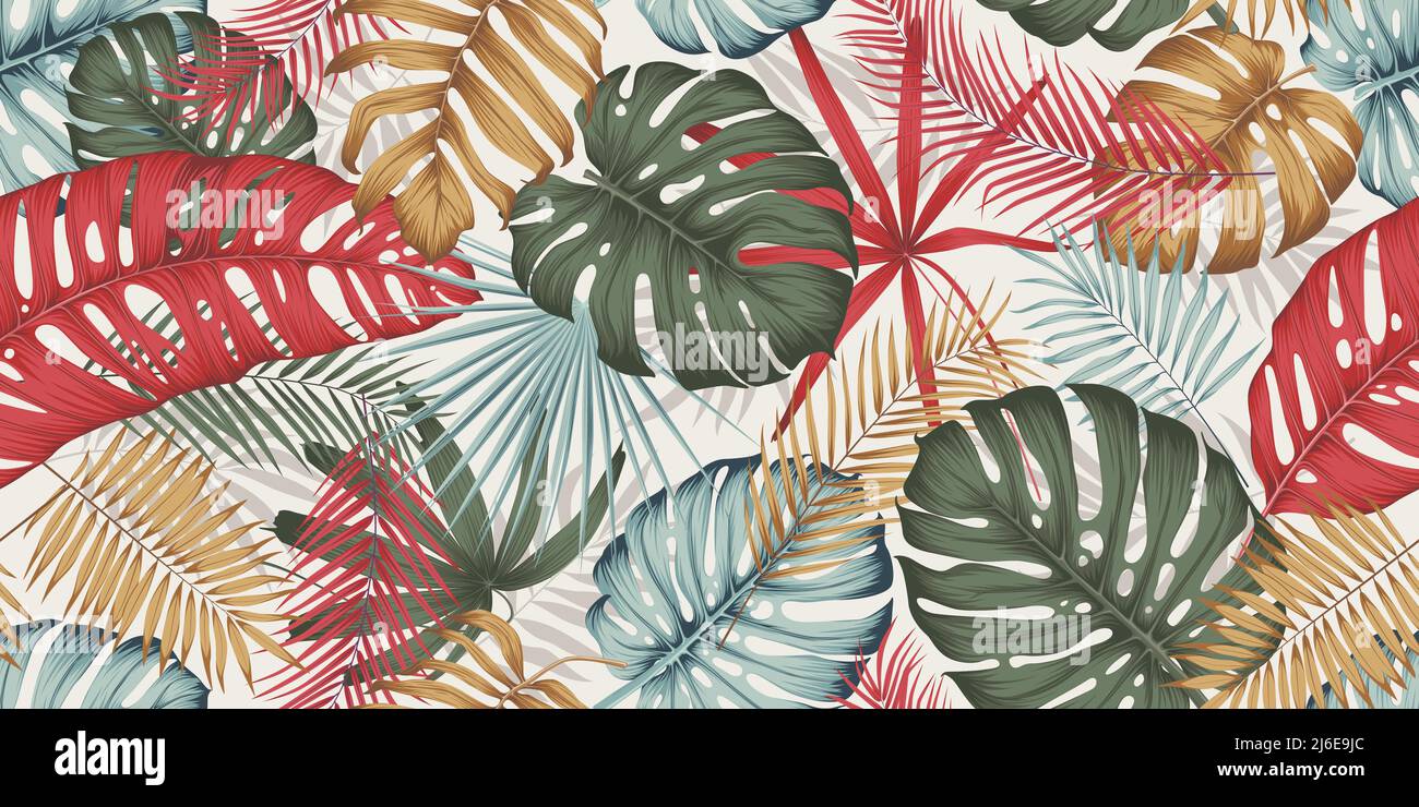 Seamless pattern with colorful leaves, branches and various plants from the tropics and jungle on a light background, composition in trendy contempora Stock Vector