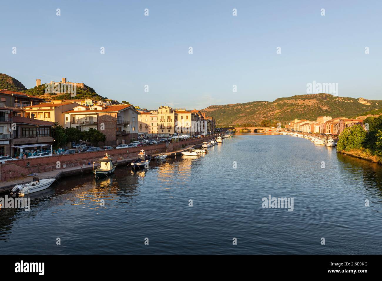 Picturesque Bosa - the river Temo surrounded by the colourful houses of the old town and overlooked by Malaspina Castle, Planargia, Sardinia Stock Photo