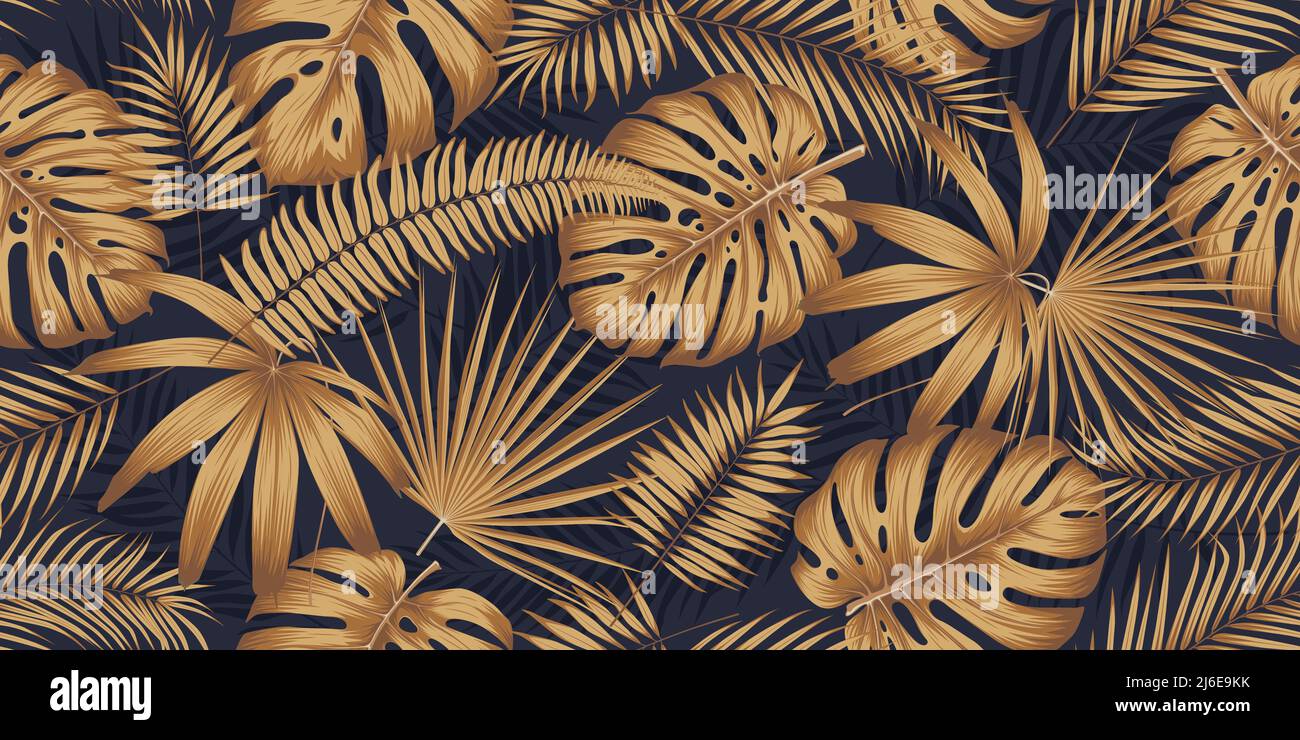 Seamless pattern with golden leaves monsters and tropical plants on a dark background, Exotic botany design collage style, luxury vector template Stock Vector