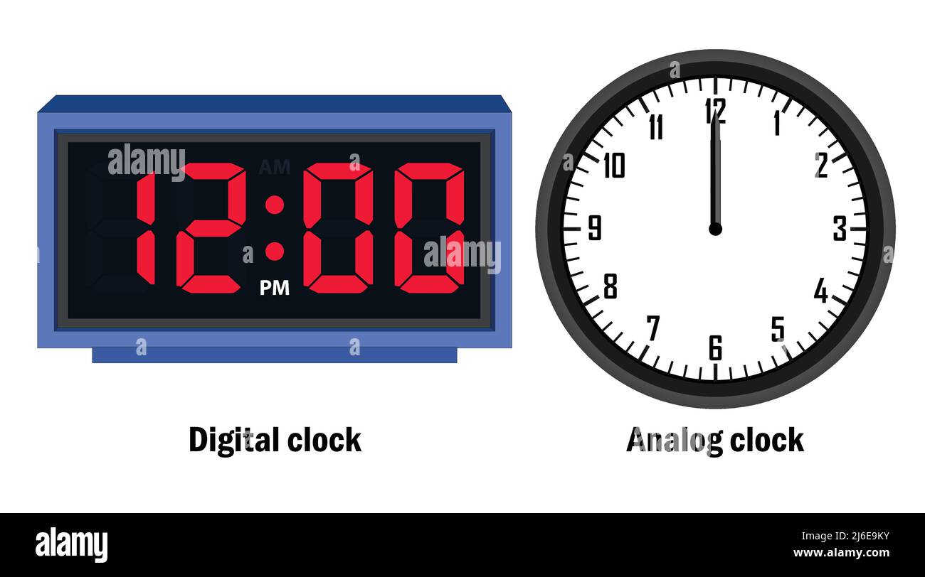 Digital clock and analog clock time12.00, vector Stock Vector