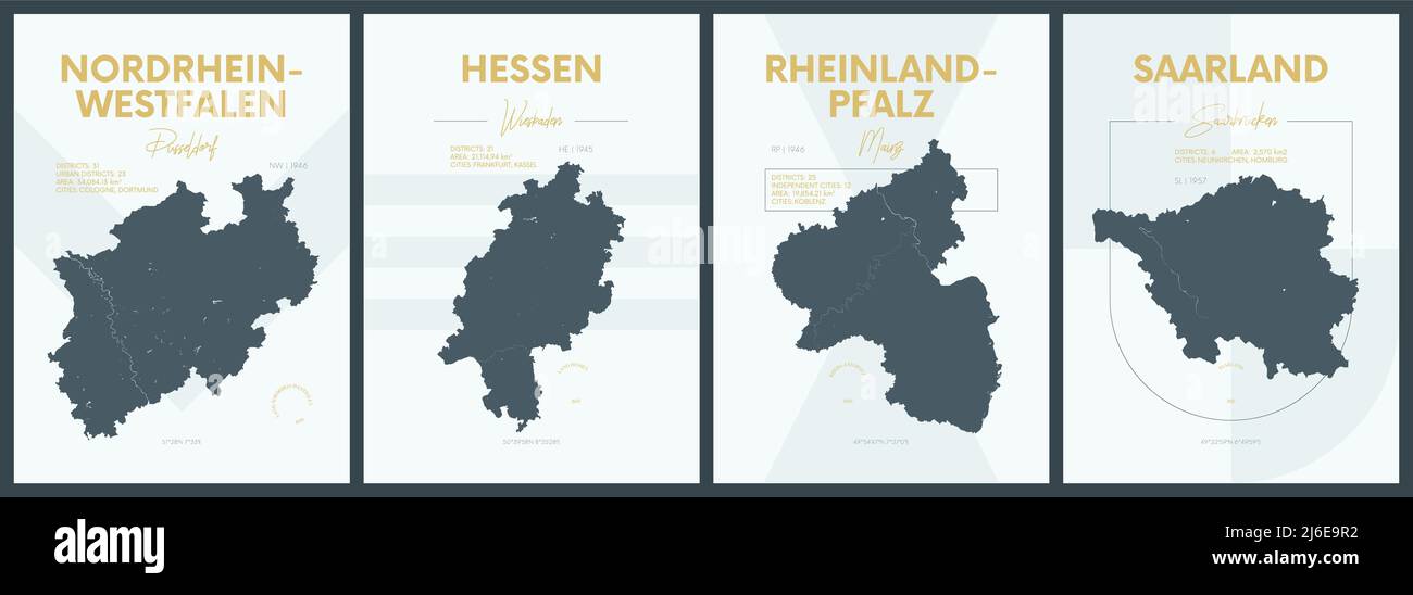 Vector posters with highly detailed silhouettes maps states of Germany - Nordrhein-Westfalen, Hessen, Rheinland-Pfalz, Saarland - set 3 of 4 Stock Vector