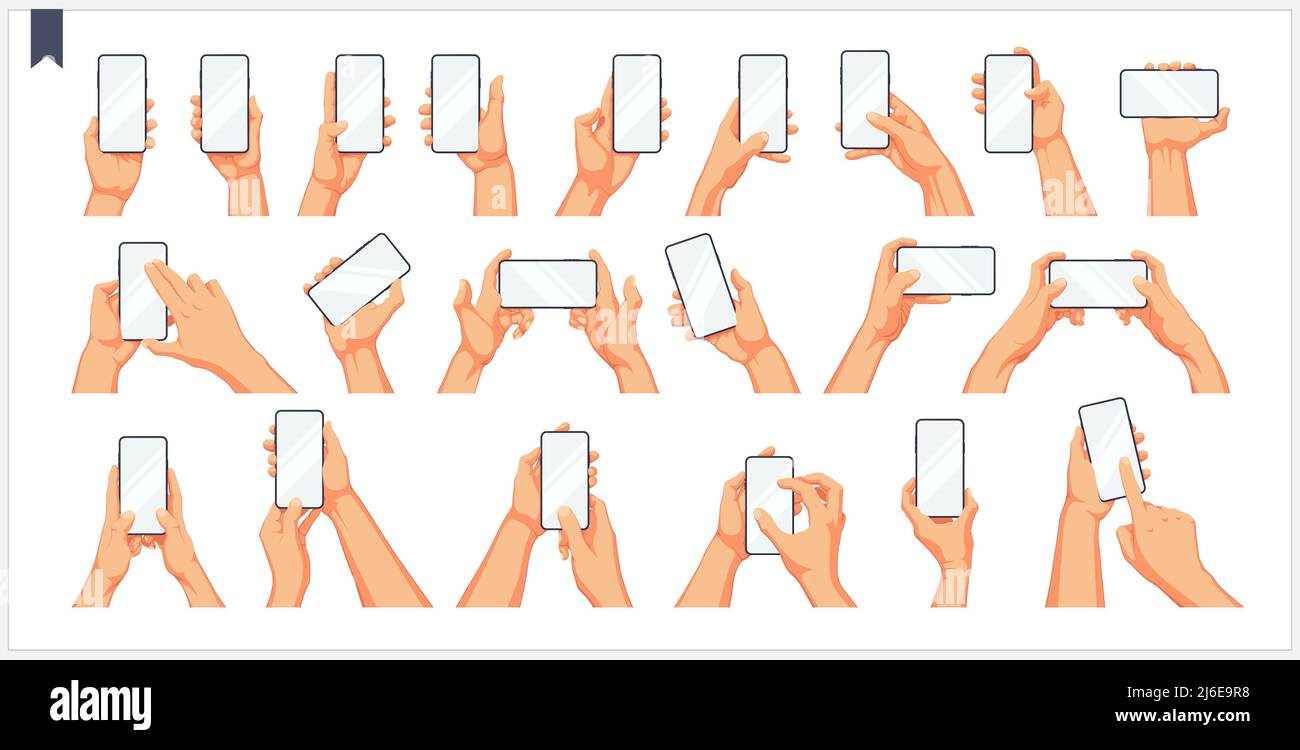 Set of realistic human hands, gestures and movement with the phone, isolated vector illustrations on a white background Stock Vector