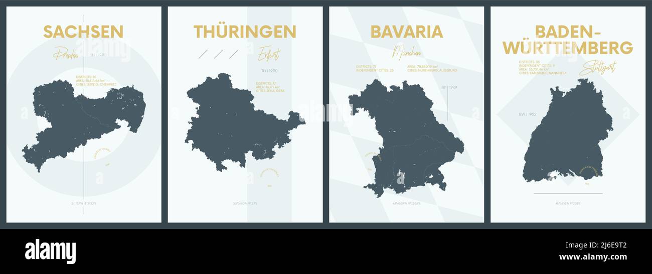 Vector posters with highly detailed silhouettes maps states of Germany - Sachsen, Thüringen, Bavaria, Baden-Württemberg - set 4 of 4 Stock Vector