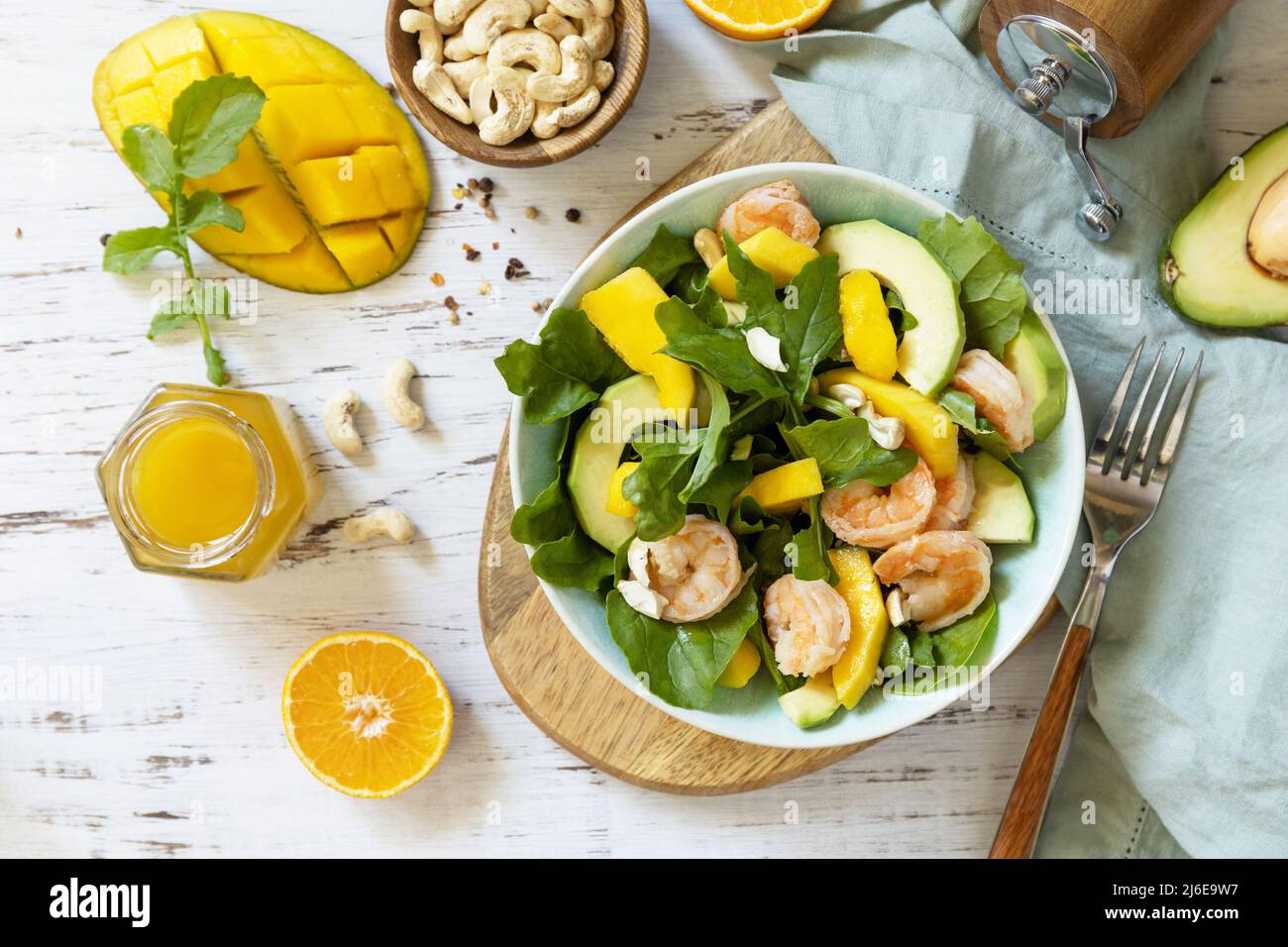 Vegetarian vegan healthy food. Salad with arugula, mango, avocado