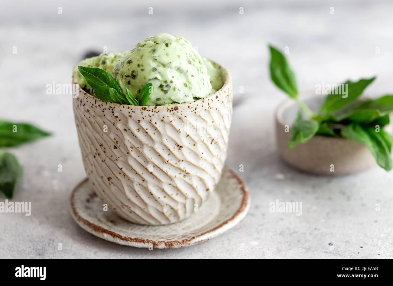 vegan spinach coconut ice cream on gray background Stock Photo