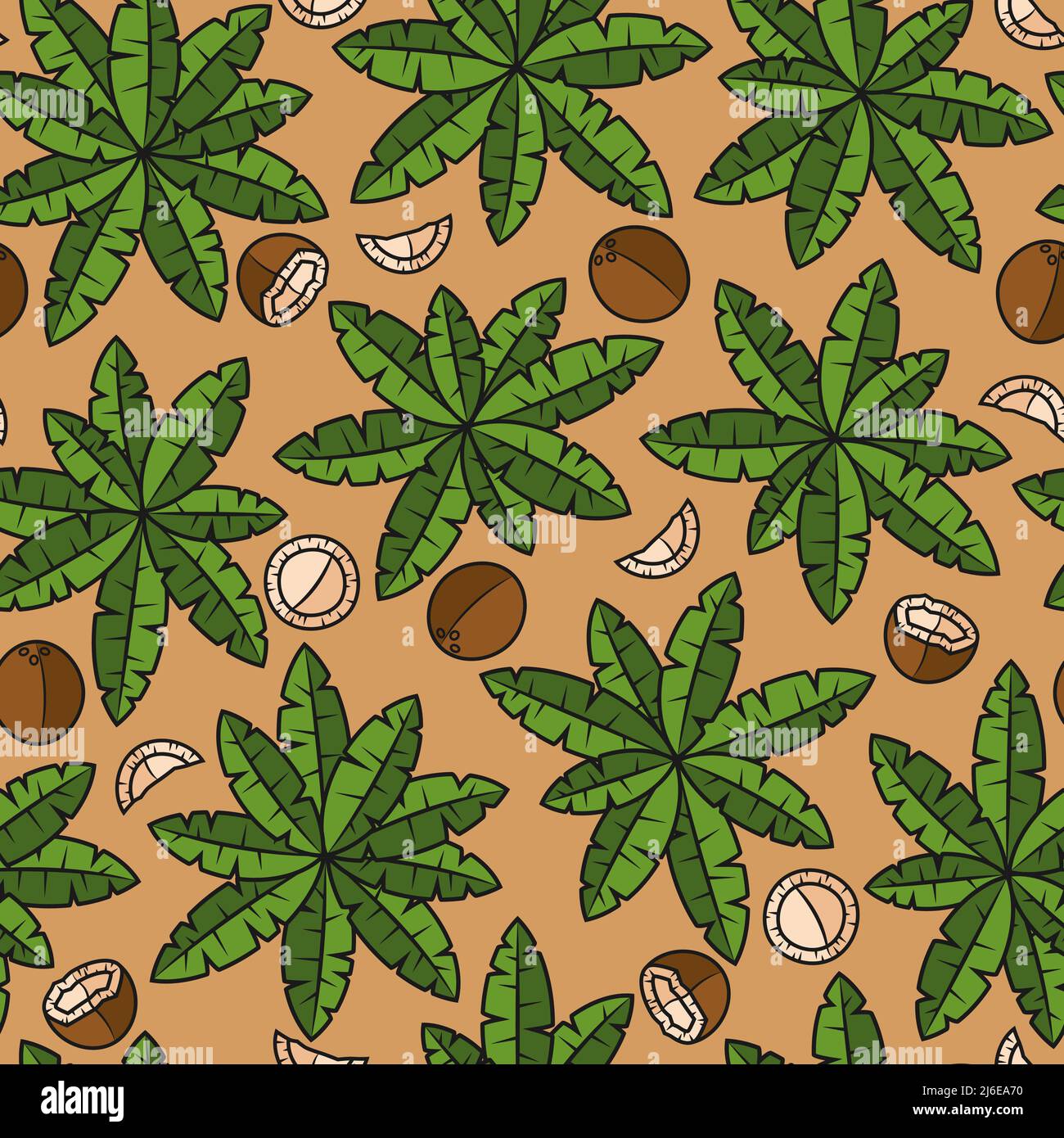 Seamless pattern with palm trees and coconuts. Tropical vector background with isolated objects. Stock Vector
