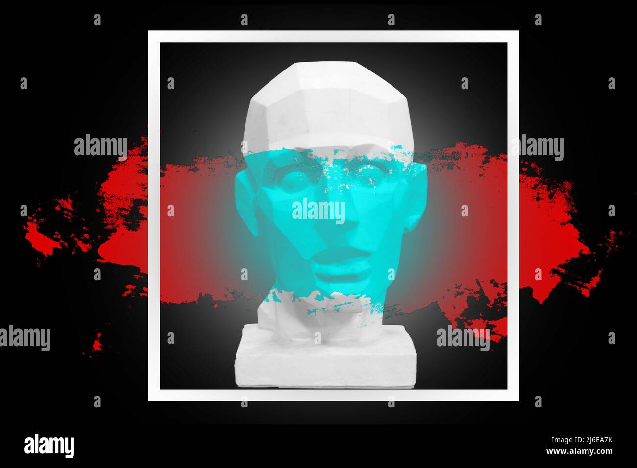white sculpture of a man in a square with a stroke of paint on his face on a black background. High quality photo Stock Photo