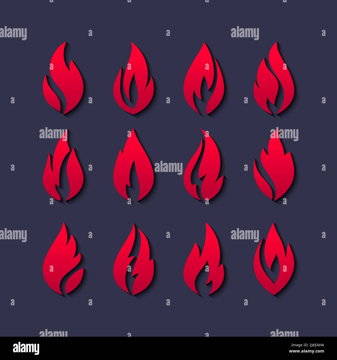 Fire flames, set red icons, vector illustration Stock Vector