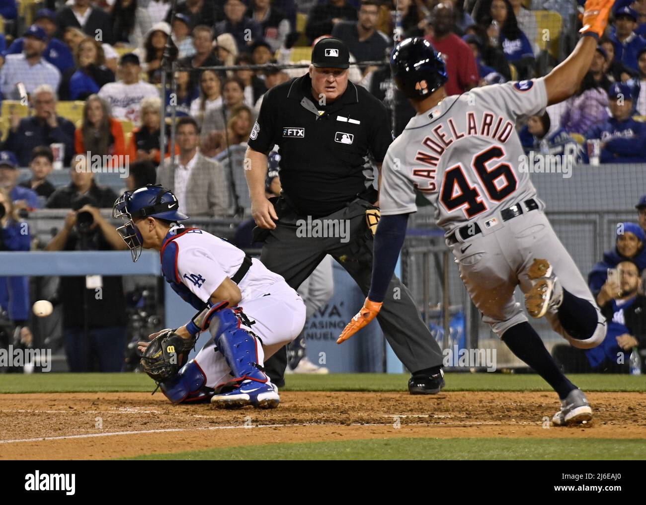 Los Angeles, California, USA. . 01st May, 2022. Detroit Tigers' Jeimer Candelario (46) scores on Tucker Barnhart' RBI double during the eighth inning against the Los Angeles Dodgers at Dodger Stadium in Los Angeles on April 30, 2022. The Tigers defeated the Dodgers 5-1.    Photo by Jim Ruymen/UPI Credit: UPI/Alamy Live News Stock Photo