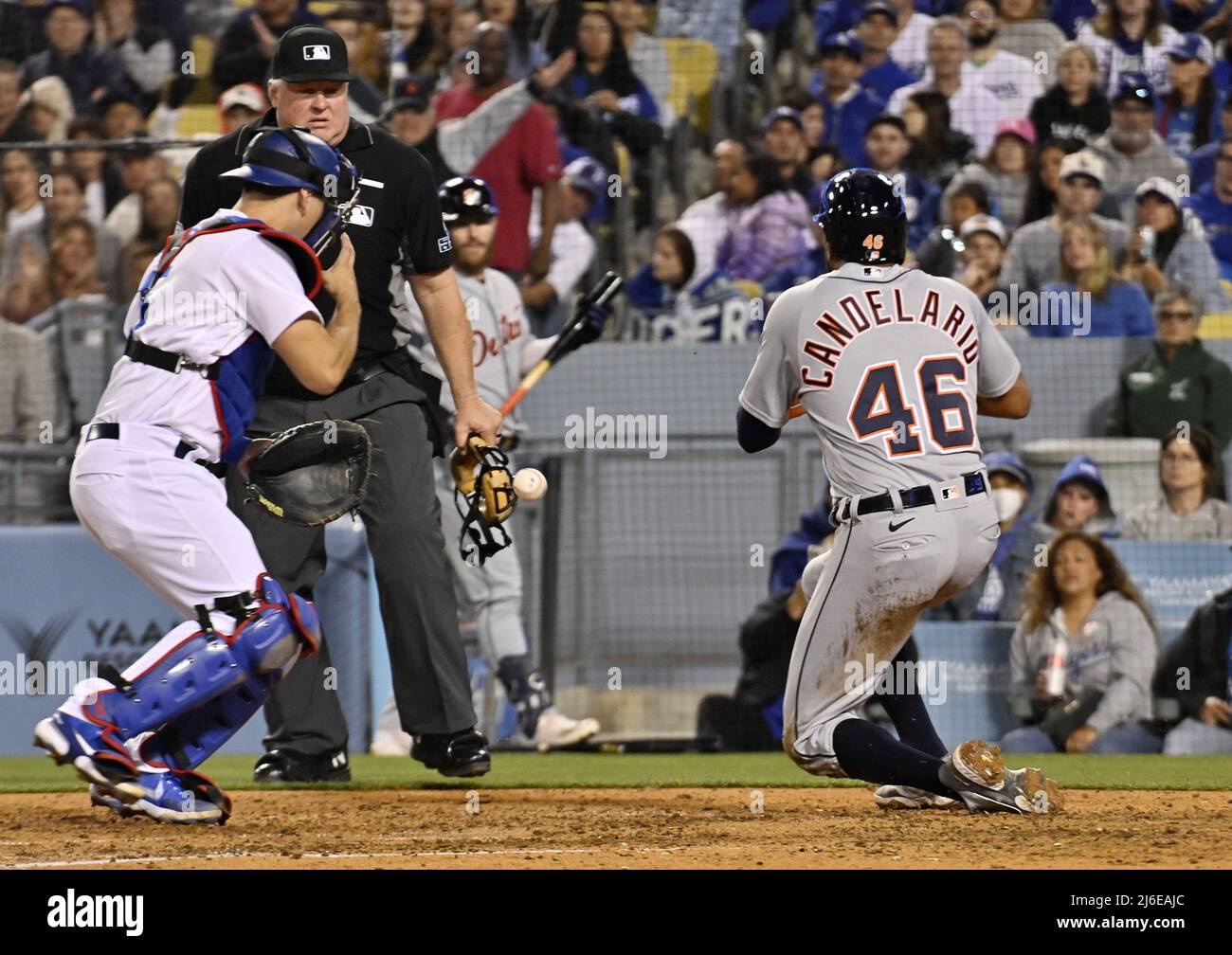 Los Angeles, California, USA. . 01st May, 2022. Detroit Tigers' Jeimer Candelario (46) scores on Tucker Barnhart' RBI double during the eighth inning against the Los Angeles Dodgers at Dodger Stadium in Los Angeles on April 30, 2022. The Tigers defeated the Dodgers 5-1.    Photo by Jim Ruymen/UPI Credit: UPI/Alamy Live News Stock Photo