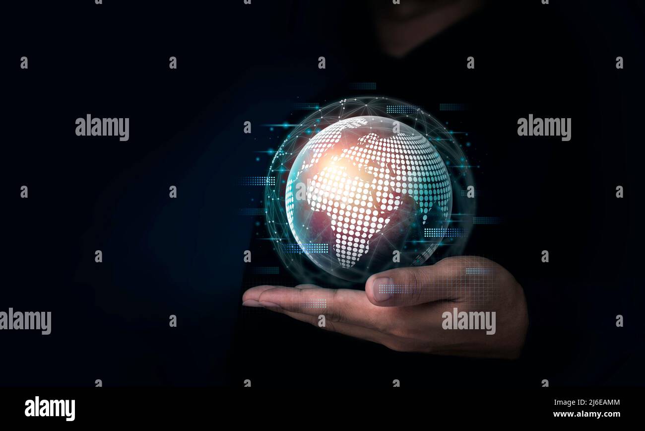 Digital world, global data network in human's hand on dark background with copy space. International connection with futuristic virtual big data, fina Stock Photo