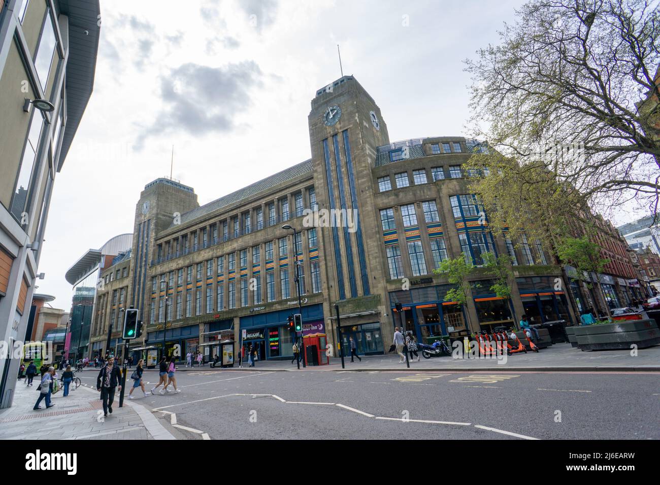 Wide angled view of the former Co-op building on Newgate Street, now redeveloped as a Premier Inn, Newcastle upon Tyne, UK. Stock Photo