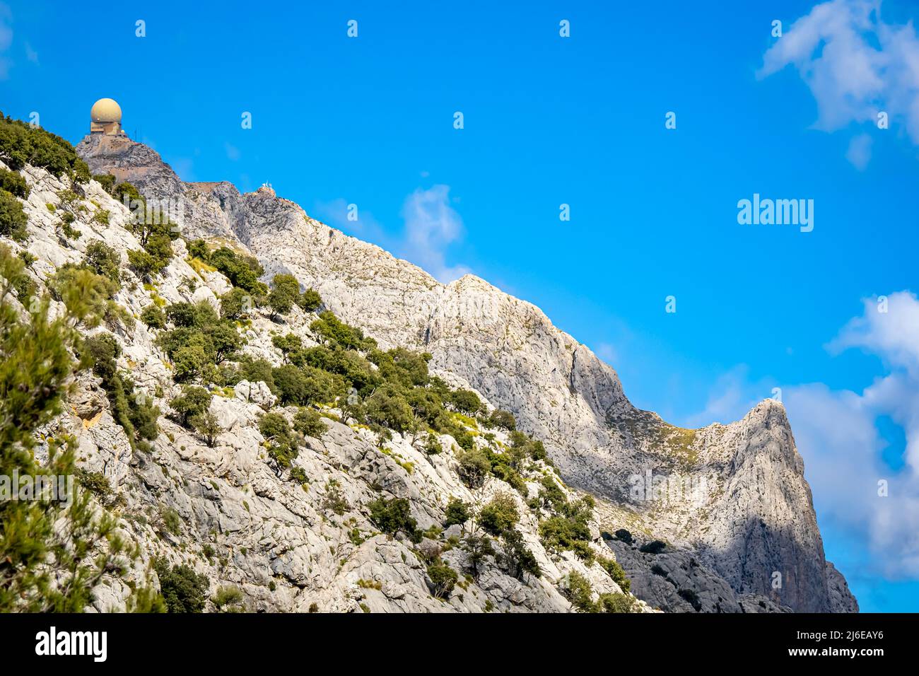 Famous dome of a military radar system located on top of the mountain peak of Puig Major at the highest point in Mallorca in the Serra de Son Torella. Stock Photo