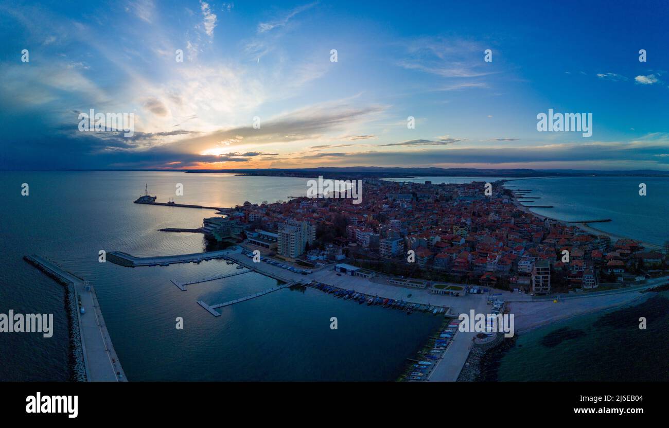 Panoramic bird's eye view over small ancient resort town of Pomorie ...