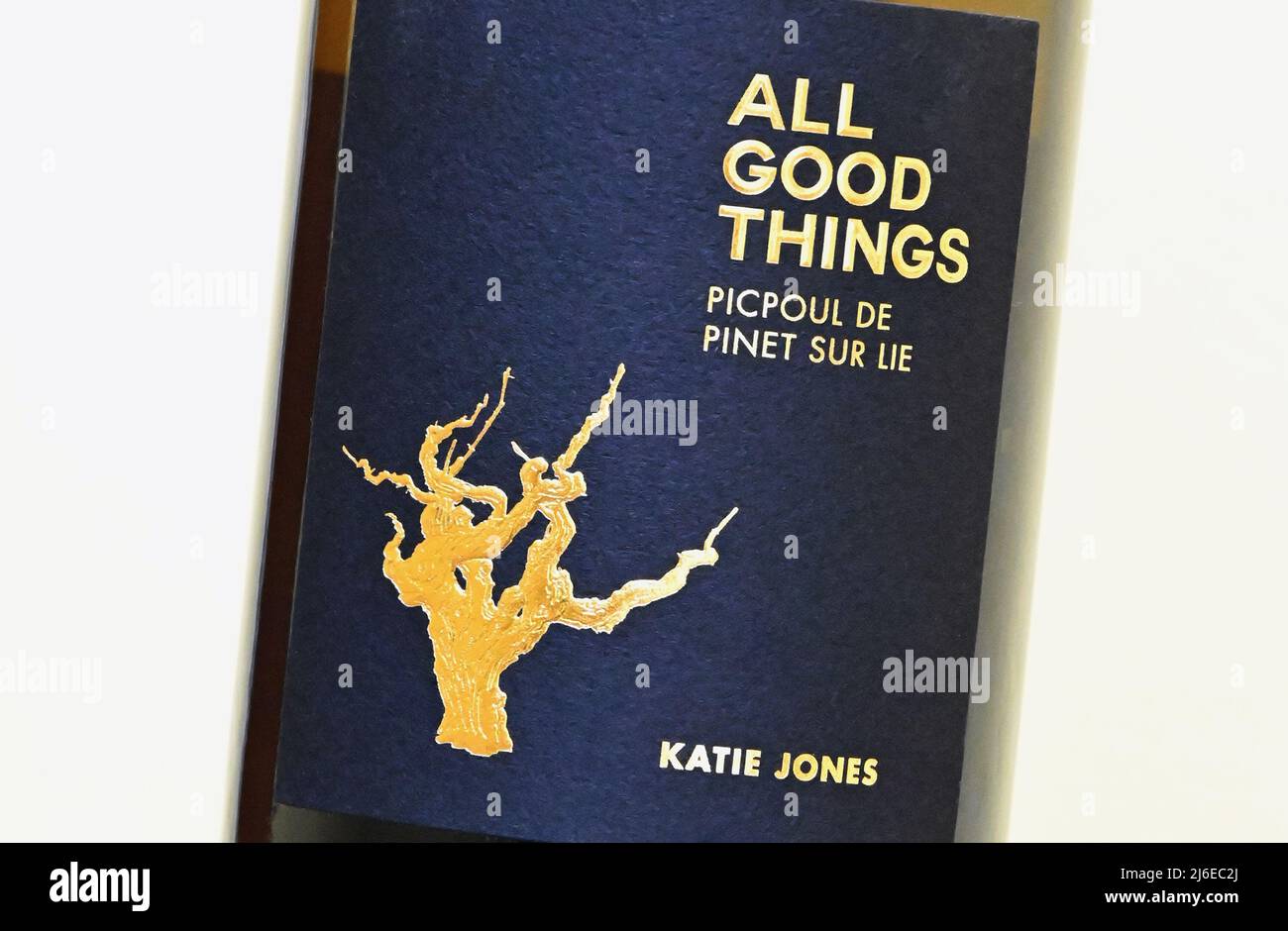 Wine label. All Good Things. Picpoul de Pinet sur Lie. Katie Jones. France. Stock Photo