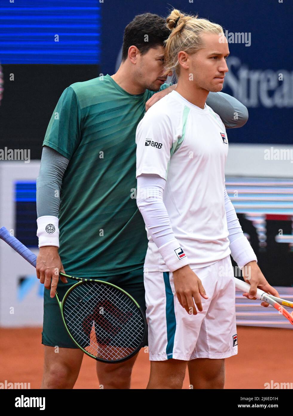 01 May 2022, Bavaria, Munich: Tennis: ATP Tour - Munich, Doubles, Men, Final. Krawietz (Germany) and Mies (Germany) - Hernandez (Spain) and Matos (Brazil). David Vega Hernandez (l) and Rafael Matos in action. Photo: Sven Hoppe/dpa Stock Photo