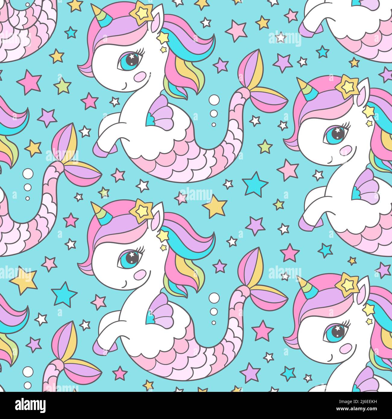 Seamless pattern. Unicorn seahorse on a blue background. Vector Stock Vector