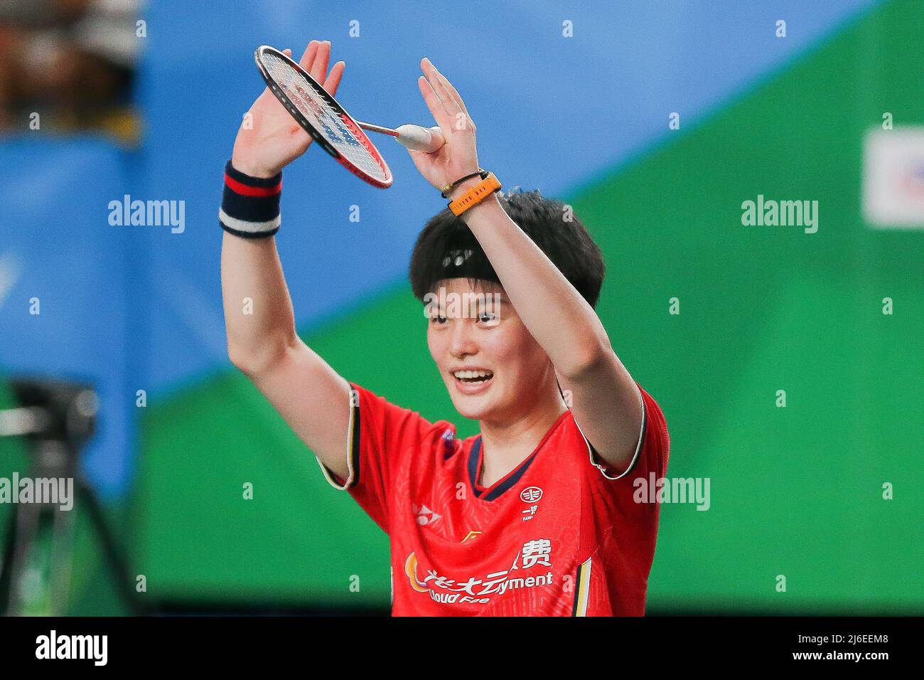 Manila, Philippines. 30th Apr, 2022. Wang Zhiyi of China acknowledges the  spectators after the women's singles final against Yamaguchi Akane of Japan  at the Badminton Asia Championships 2022 in Manila, the Philippines,
