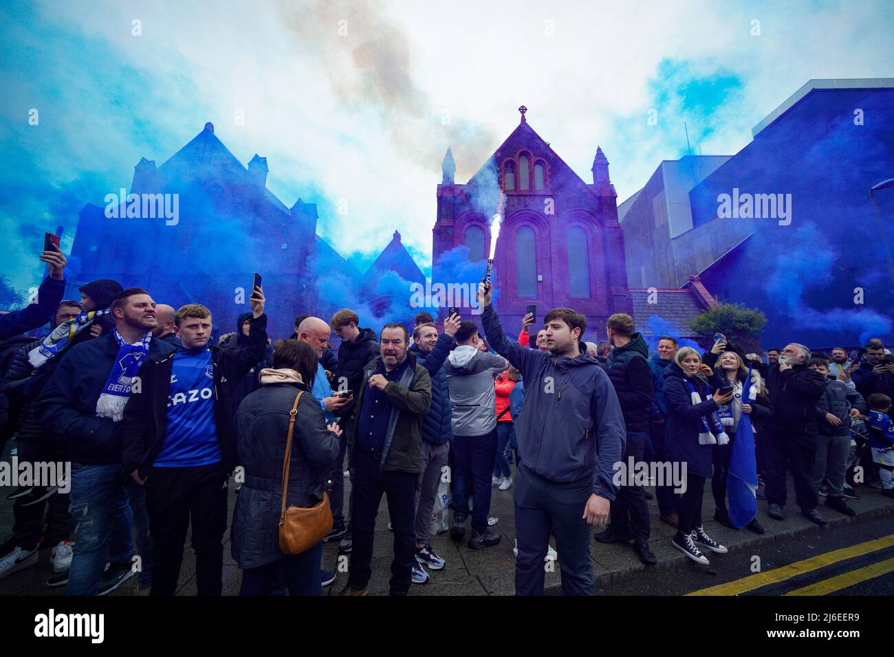 Everton fans set off flares outside the ground ahead of the Premier ...