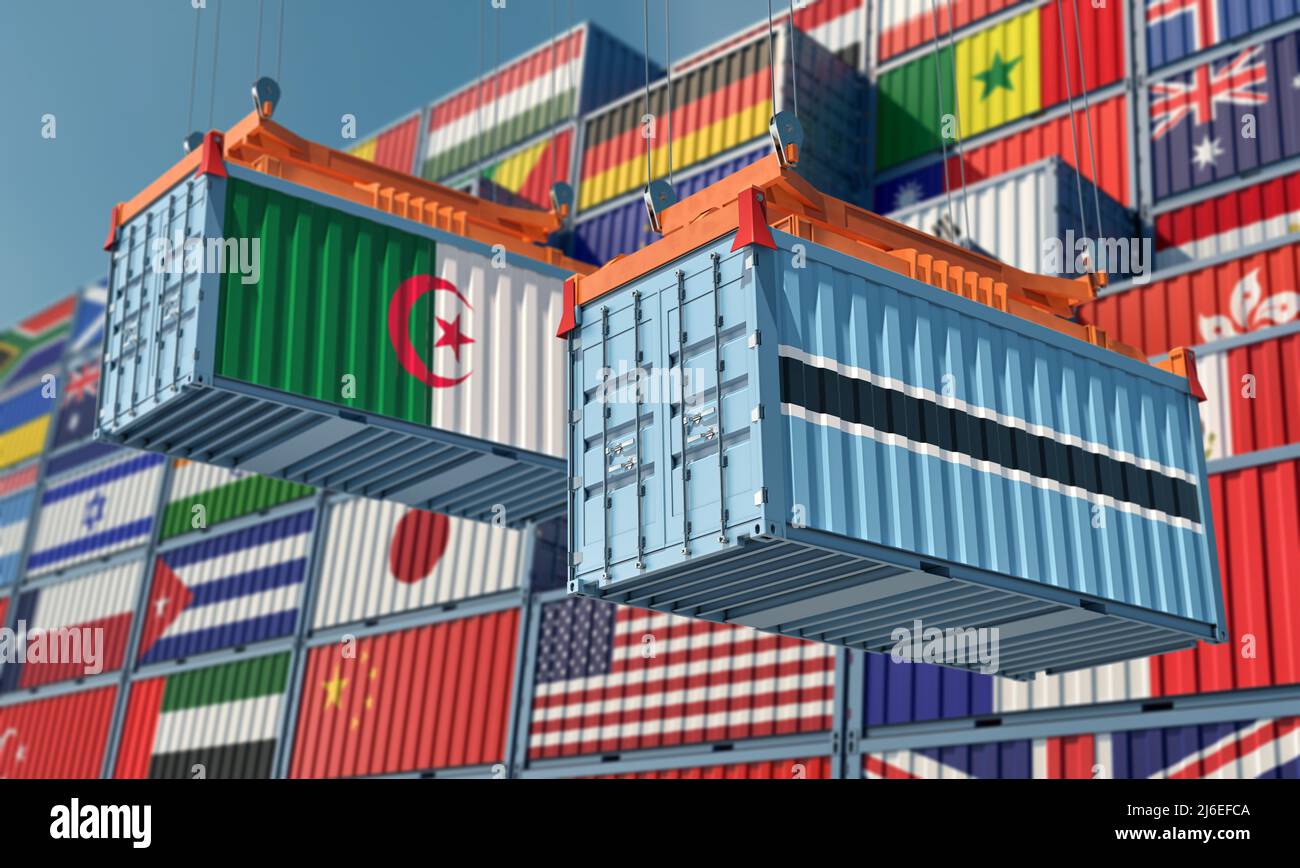 Cargo containers with Algeria and Botswana national flags. 3D Rendering Stock Photo