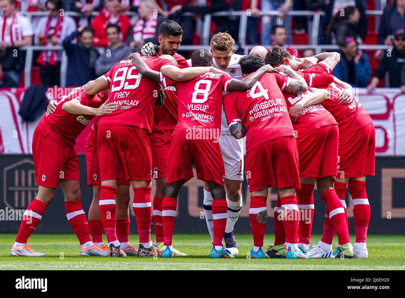 ANTWERPEN, BELGIUM - MAY 1: Royal Antwerp FC players prior to the Jupiler  Pro League - Championship Round match between Royal Antwerp FC and Royale  Union Saint-Gilloise at Bosuilstadion on May 1,