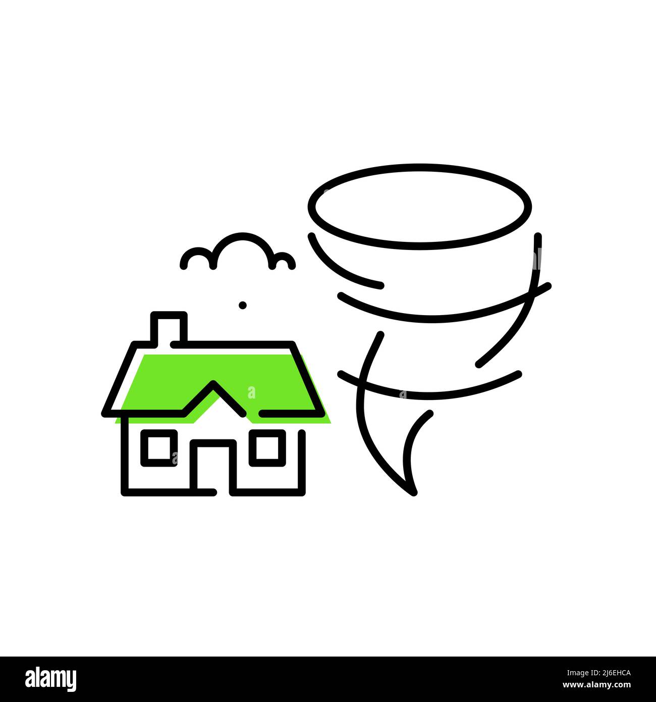 Tornado over a small house. Natural disaster. Pixel perfect, editable stroke line art icon Stock Vector