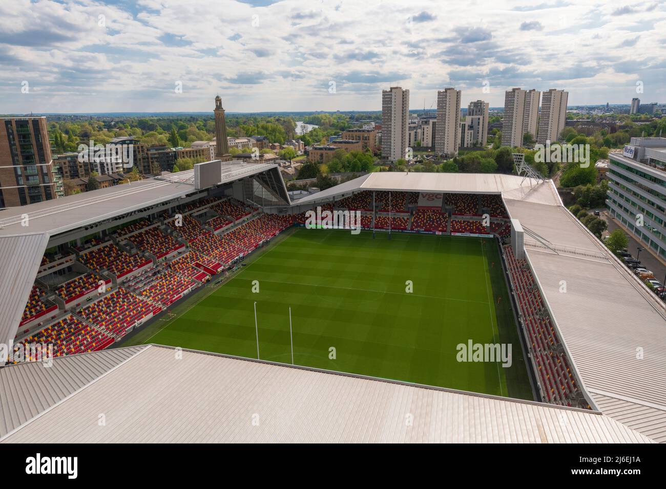 Aerial Photo of Brentford Community Stadium. Stock Photo