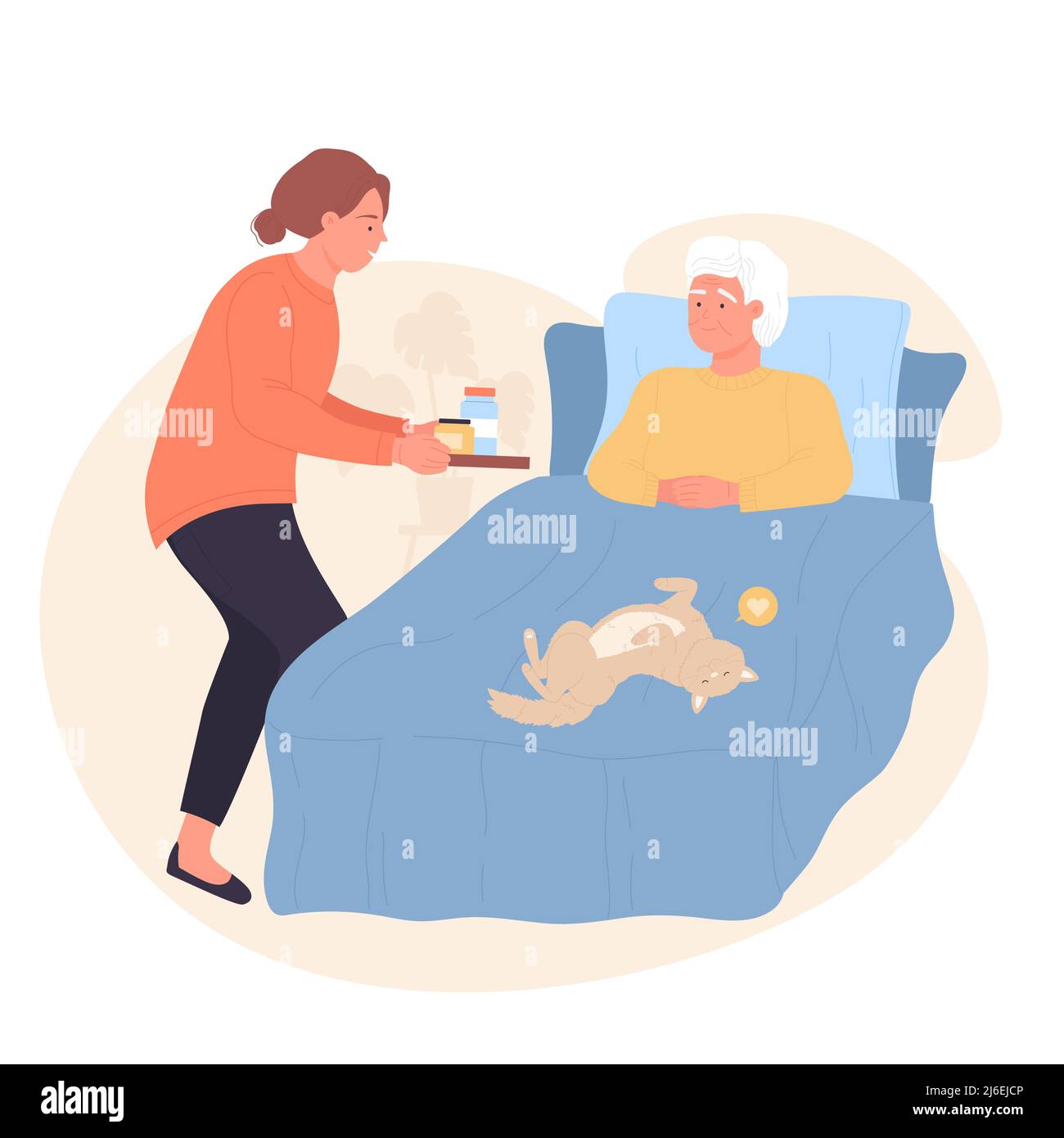 Visit, help and support of volunteer to aged person. Cartoon elderly  patient lying in bed, caregiver