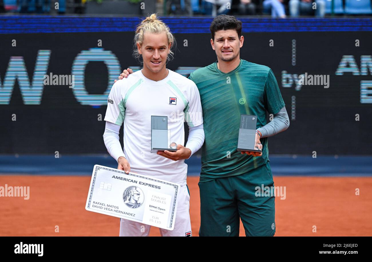 Munich, Germany. 01st May, 2022. Tennis: ATP Tour - Munich, Doubles, Men, Final. Krawietz (Germany) and Mies (Germany) - Hernandez (Spain) and Matos (Brazil). David Vega Hernandez (r) and Rafael Matos stand at the victory ceremony after the match. Krawietz and Mies won the match. Credit: Sven Hoppe/dpa/Alamy Live News Stock Photo