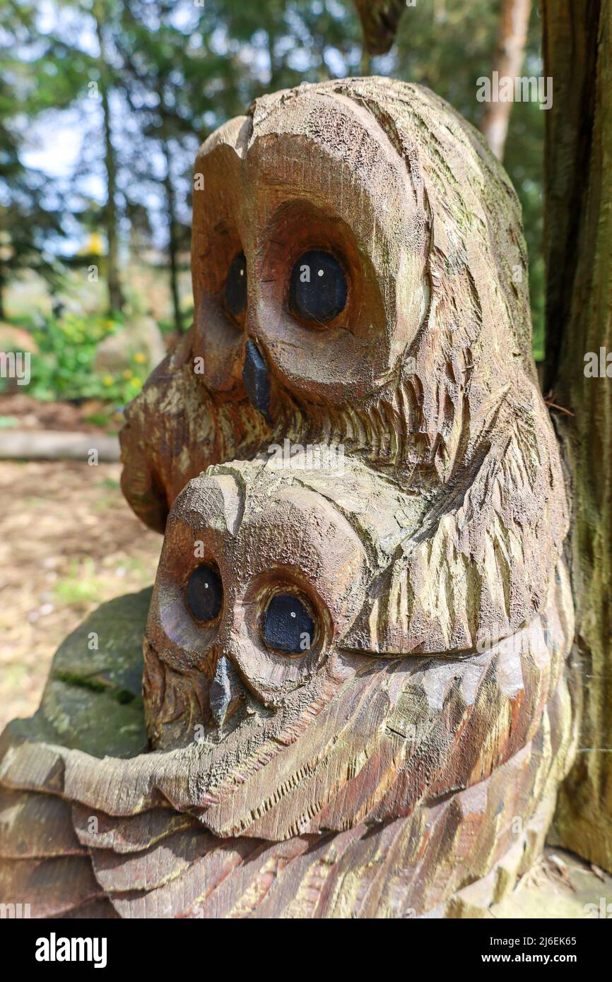 Log Carving of Owl and Owlet Stock Photo