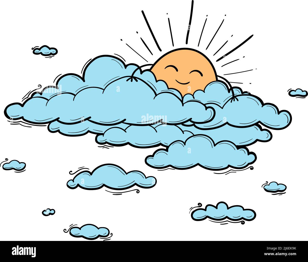 Sun and Cloud kids drawing for nursery in cartoon outline style. Blue boy vector illustration isolated on white Stock Vector