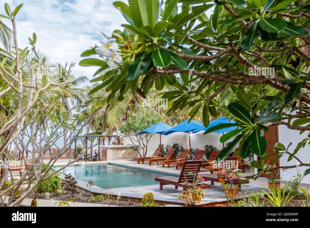 Sun loungers and umbrellas near the swimming pool. Destination holiday. Indonesia. Stock Photo