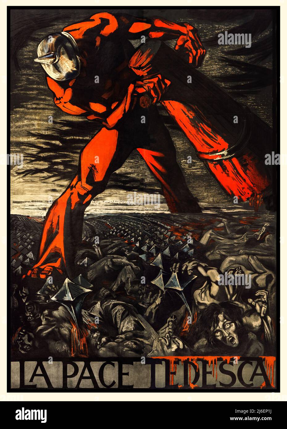 An Italian propaganda poster poster from 1917, with the text 'La Pace Tedesca' meaning 'The German Peace'. The poster shows a giant, representing Germany, crushing the bodies of Italian civilians. The artist is Sergio Canevari Stock Photo