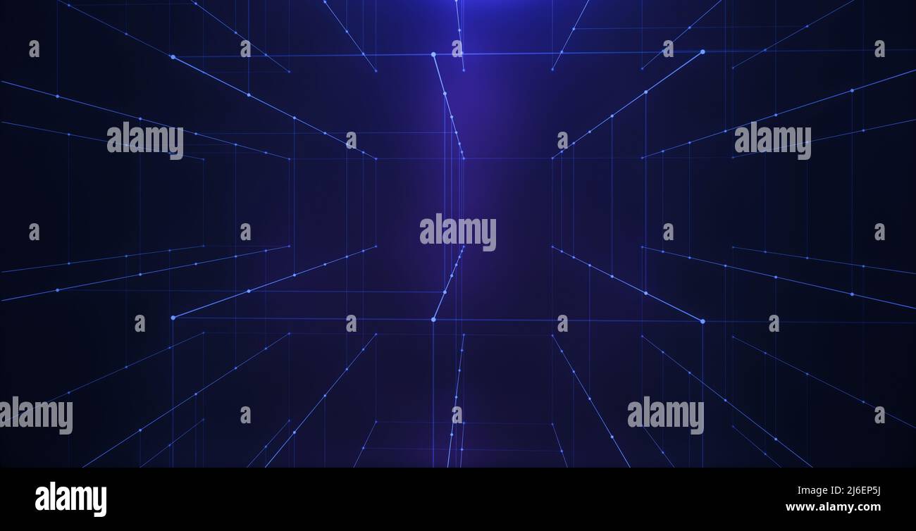 Abstract tech blocks background. block chain and data concept. Neon line on cyberspace. Stock Photo