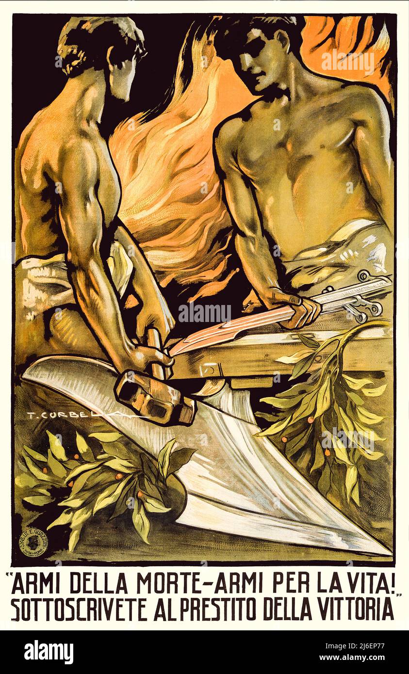An Italian propaganda poster featuring two young men working at a forge, changing weapons into ploughs. Weapons for death to- weapons for life! The artist is Tito Corbella (1885 - 1966) Stock Photo