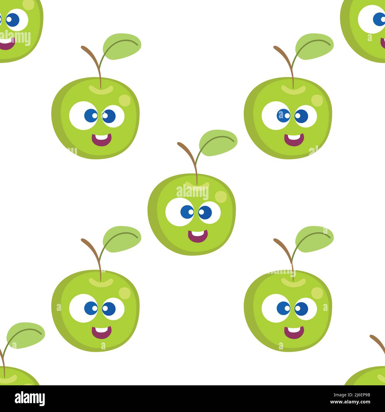 Fruit baby cartoon seamless pattern. Apple character with cute face