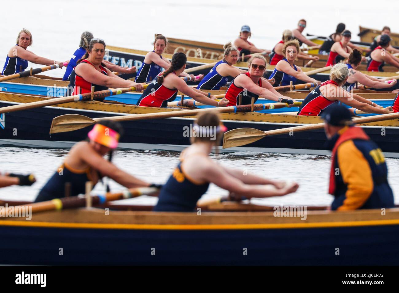 Women compete during the World Pilot Gig rowing Championships from Nut Rock to St. Mary's, in the Isles of Scilly, Britain, May 1, 2022. REUTERS/Tom Nicholson Stock Photo