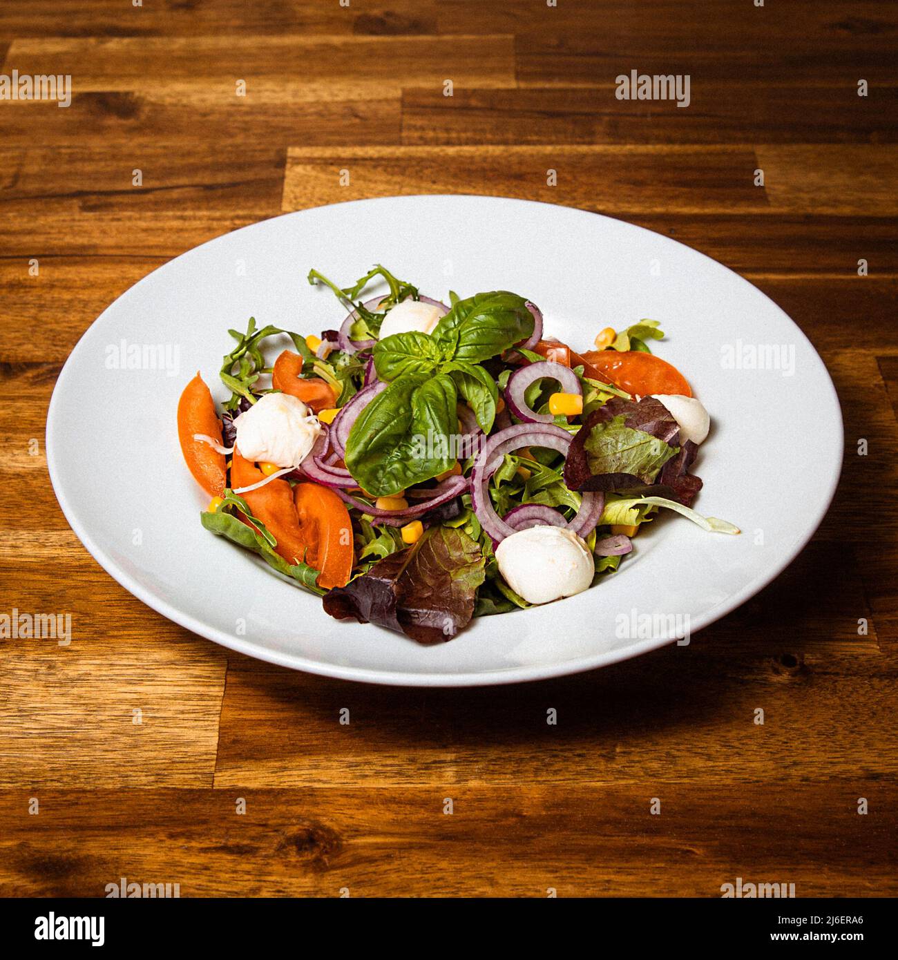 Italian vegetable salad with tomatoes, basil, onion and mozzarella, restaurant kitchen concept Stock Photo
