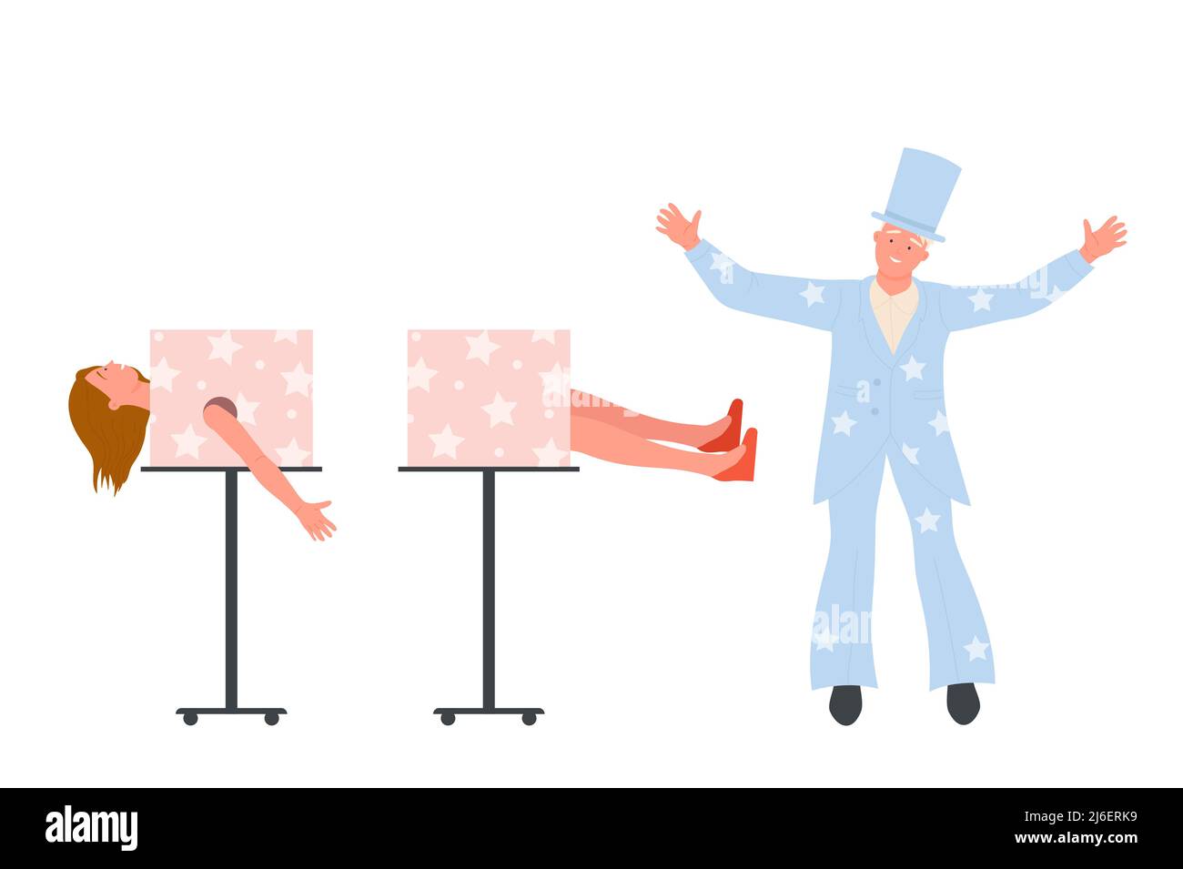 Scene of circus magician trick with assistant. Wizard cutting woman in