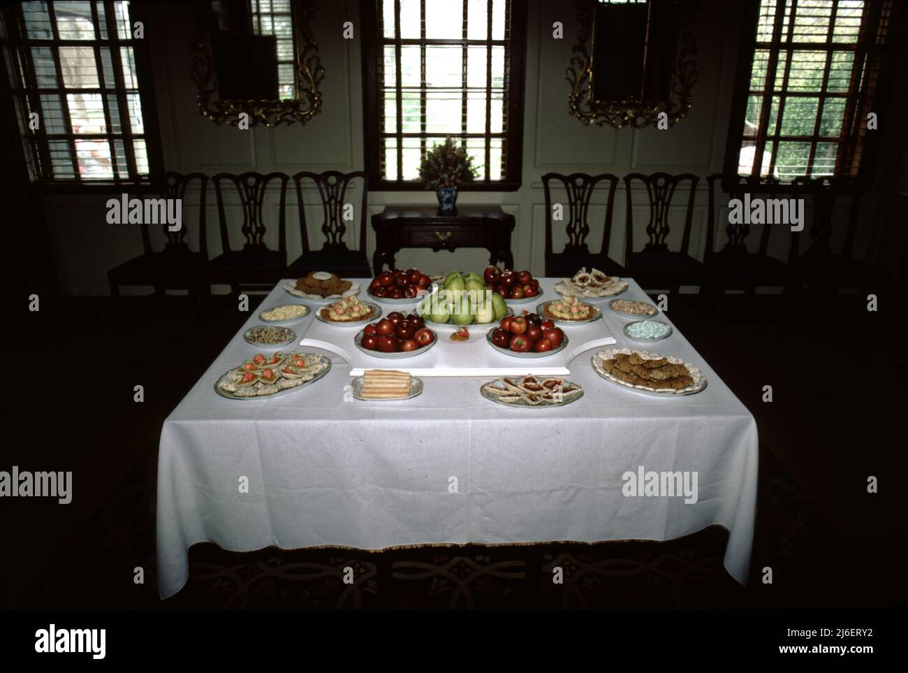 Williamsburg, VA. U.S.A. 9/1987. Colonial home interiors with bedrooms ...