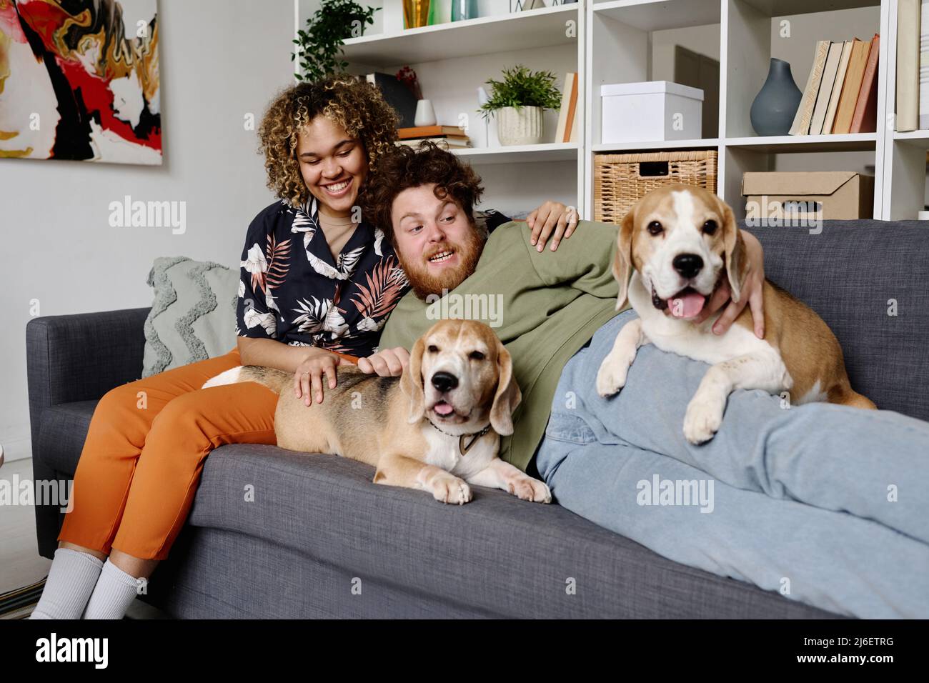 Bearded overweight man lying on sofa with his pets around and his girlfriend sitting behind and embracing him, they spending time at home Stock Photo