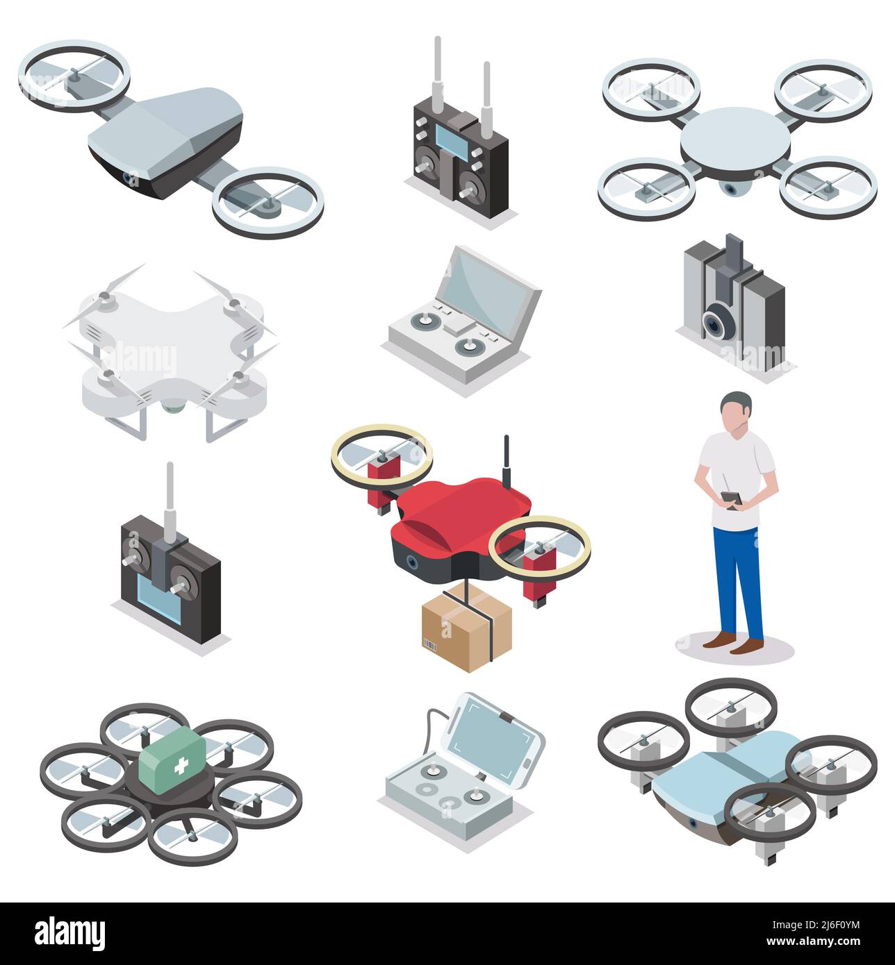Drone quadcopter or unmanned aerial vehicle icon set. Vector flat ...