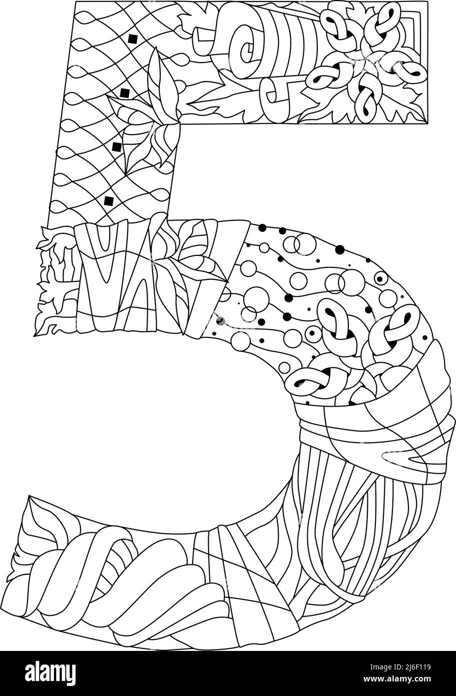 Five number Isolated zentangle illustration for coloring Stock Vector