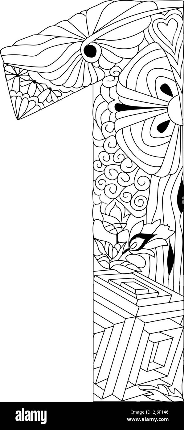 One number Isolated zentangle illustration for coloring Stock Vector