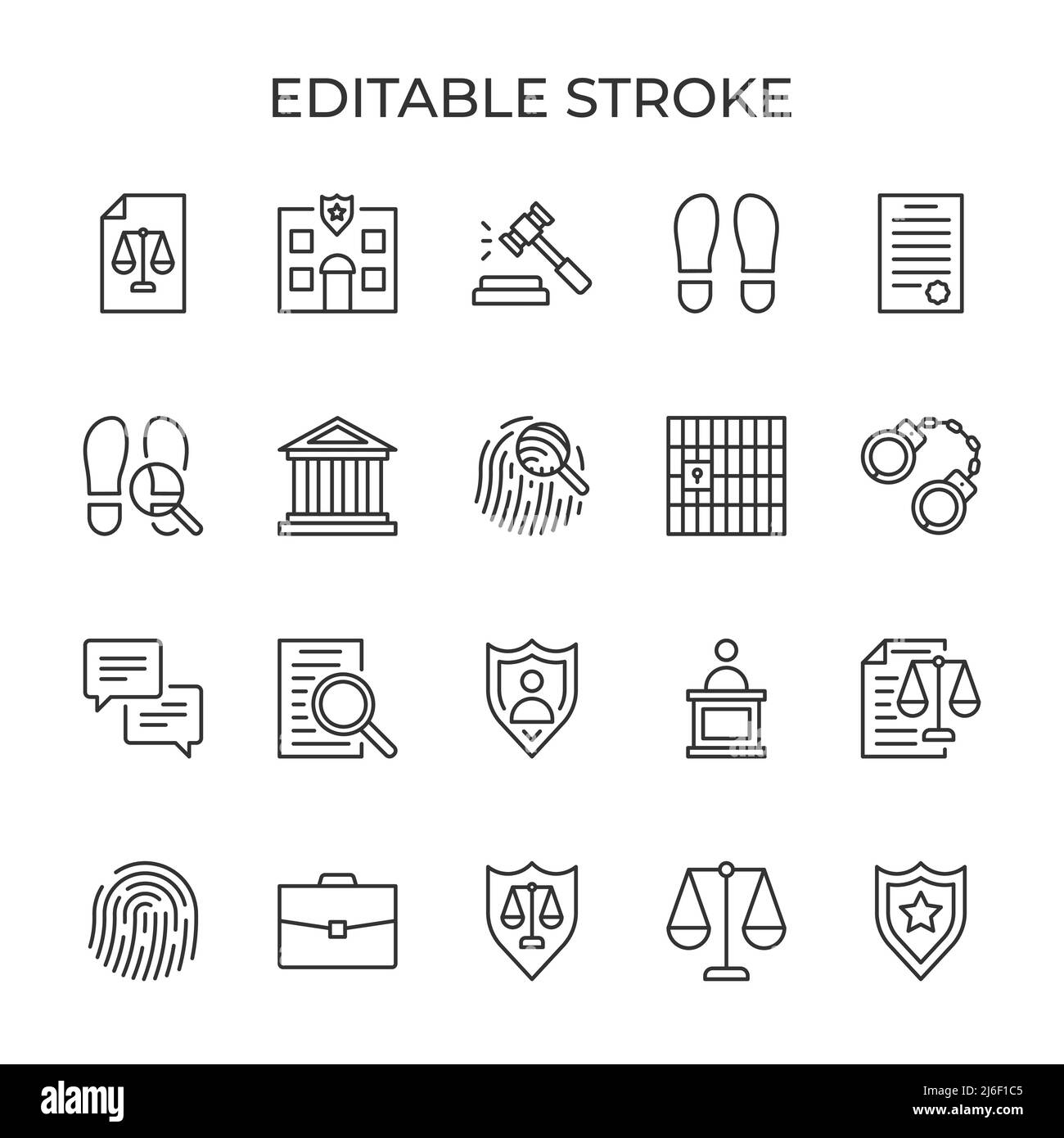 Law evidence. Fingerprints and footprints. Judicial protection of human rights. The penal system. Vector illustration. Set of line icons editable stroke. Stock Vector