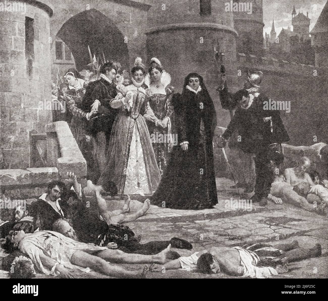 Catherine de' Medici regards with indifference the bodies of victims of the The St. Bartholomew's Day massacre in 1572. A targeted group of assassinations and a wave of Catholic mob violence directed against the Huguenots during the French Wars of Religion believed to have been instigated by Catherine de' Medici. Catherine de' Medici,1519 –1589. Italian noblewoman who was Queen of France as the wife of King Henry II.  From The Wonderland of Knowledge, published c.1930 Stock Photo