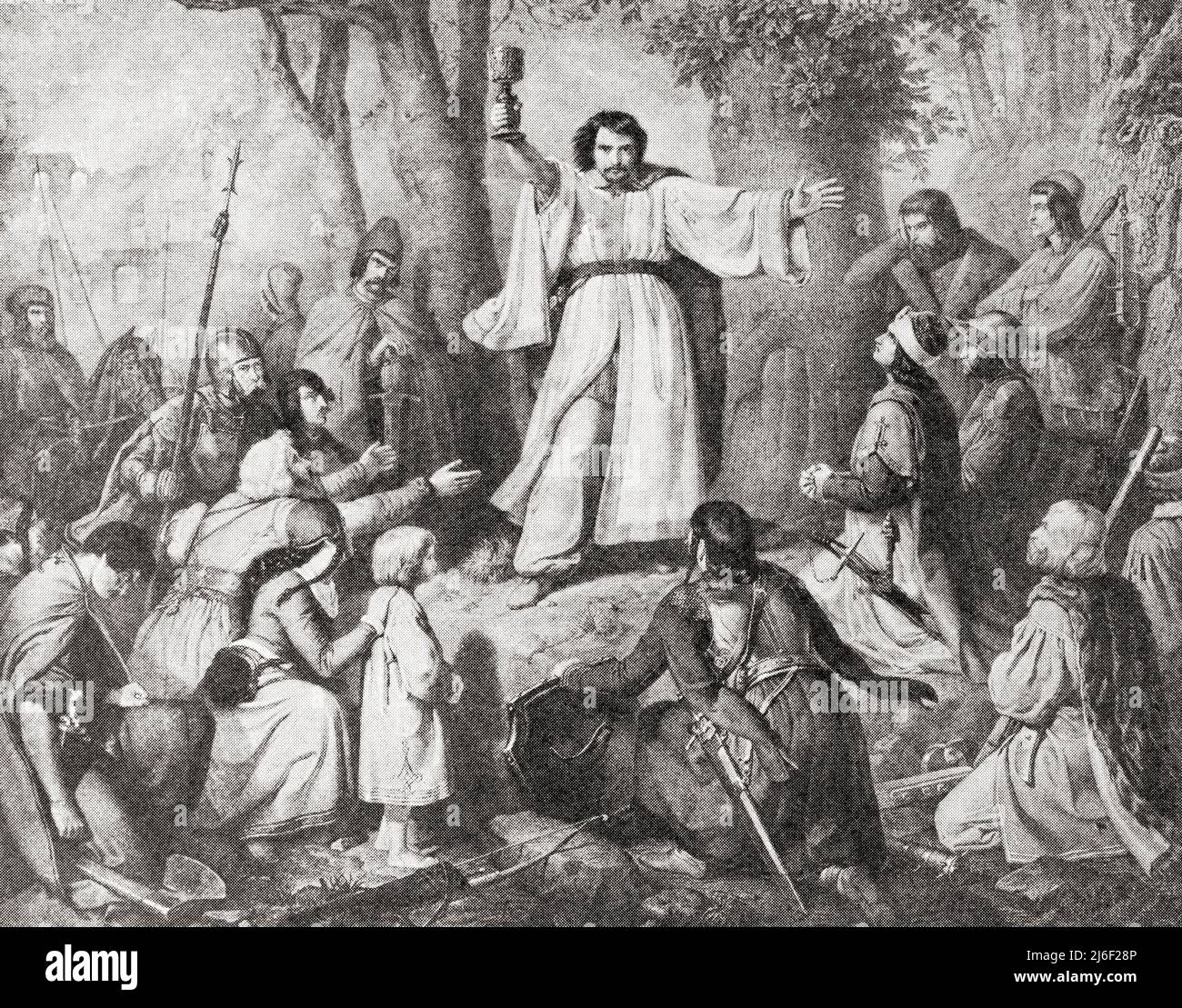 The preaching of John Huss. Jan Hus, c. 1369 – 1415, aka John Hus, John Huss,  Iohannes Hus or Johannes Huss. Czech theologian, Roman Catholic priest,  philosopher, master, dean, and rector of