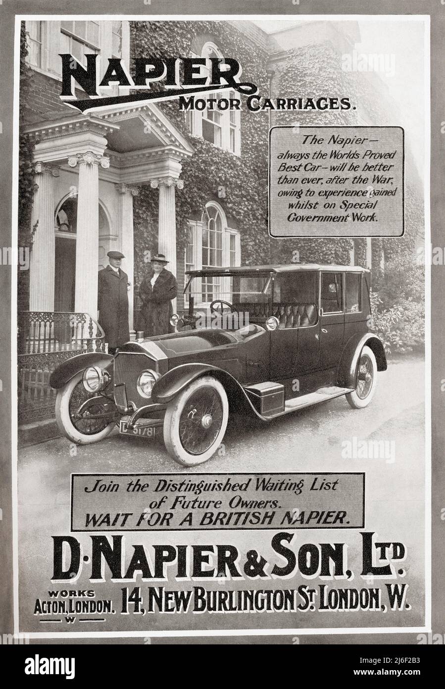 An advertisement for Napier Motor Carriages.  From The Connoisseur Illustrated, Sept-Dec 1916. Stock Photo