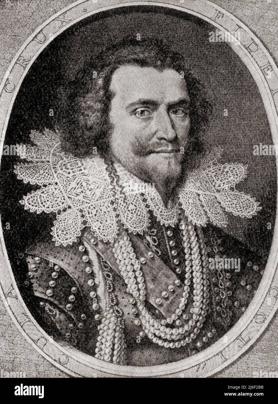 George Villiers, 1st Duke of Buckingham, 1592 – 1628.  English courtier, statesman, and patron of the arts.  A favourite and possible  lover of King James I of England.  From Modes and Manners, published 1935. Stock Photo